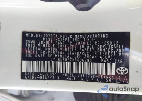 2017 Toyota Corolla Le из США, поврежденный, VIN 5YFBURHEXHP606280